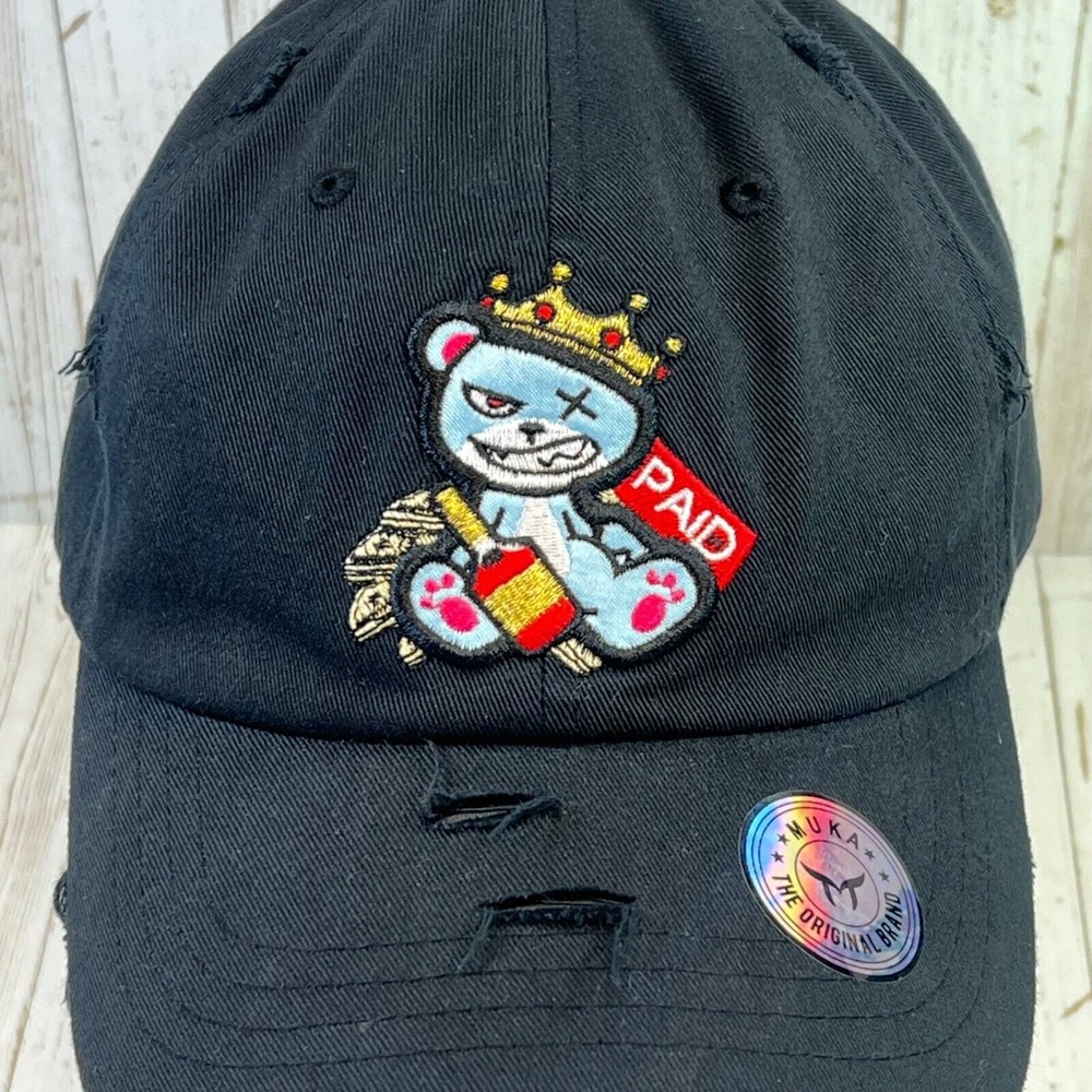 MUKA Paid Bear Dad Hat Cap Black Distressed Baseball Embroidered MU:KA: